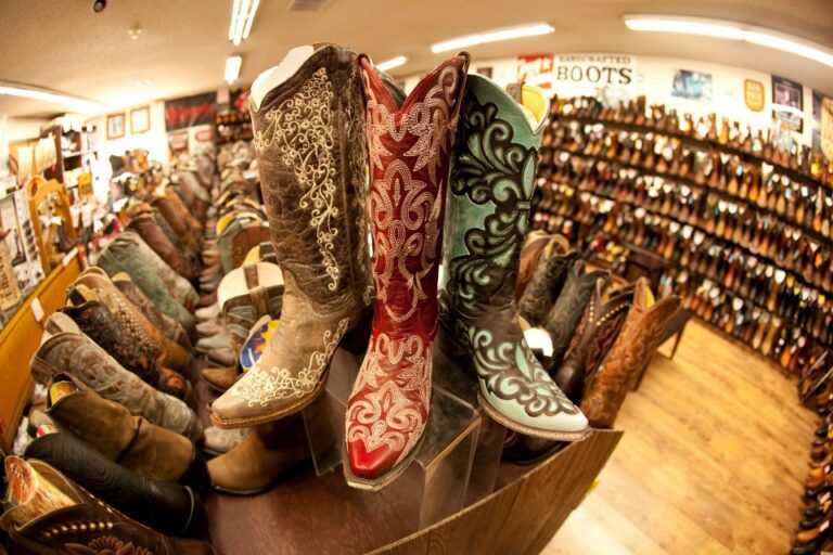 cowboy boots lined up at baughman's western outfitters in livermore